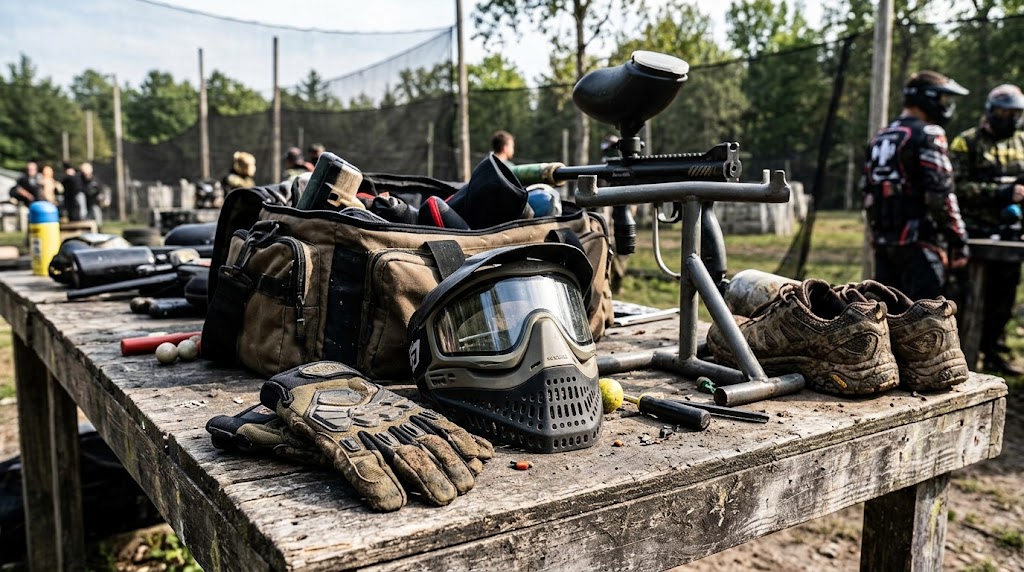 paintball accessories sitting on a table. Gloves barrel cleaner