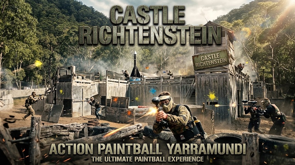 Action Paintball Yarramundi players battling at the multi-level Castle Richtenstein outdoor game zone.