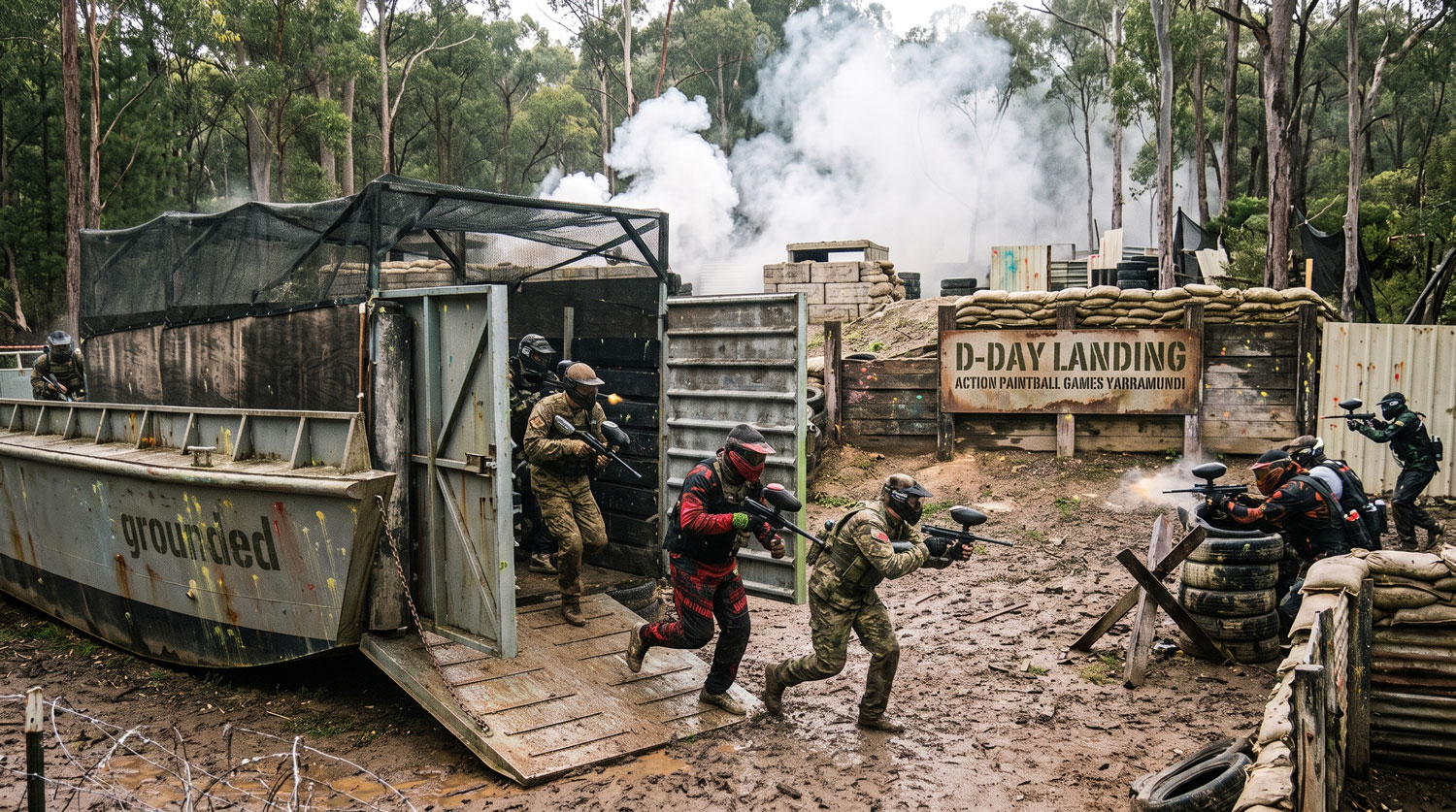 Action shot of paintball players charging from an open landing craft toward fortified sandbag bunkers under heavy smoke on the D-Day Landing field at Action Paintball Games Yarramundi.