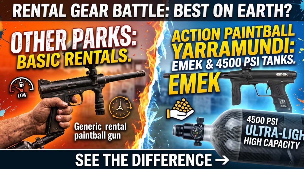 Split comparison graphic between basic rental paintball guns and Action Paintball Yarramundi's Planet Eclipse EMEK marker with a 4500 PSI ultra-light tank.