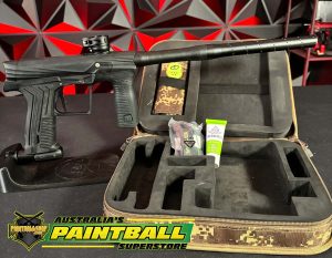 Planet Eclipse Etha 3 electronic paintball marker in matte black, shown on a stand with an open camo protective case, barrel sock, grease, and parts kit.
