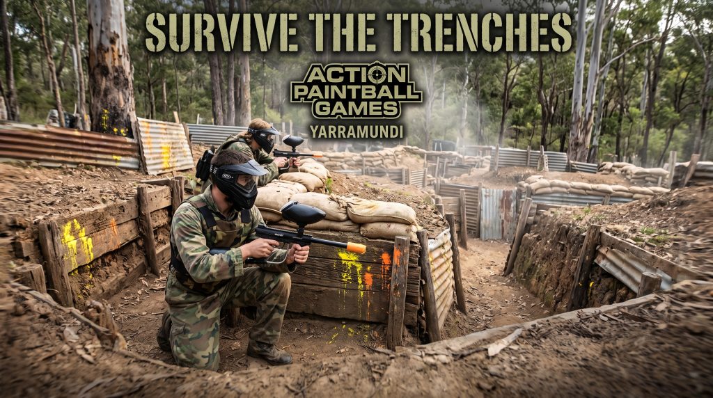 A promotional image for the "Trenches" battlefield at Action Paintball Games in Yarramundi, Australia, featuring an action-packed scene of players inside a muddy trench. At the top, bold stencil text reads "SURVIVE THE TRENCHES" above the "ACTION PAINTBALL GAMES YARRAMUNDI" logo. In the foreground, two players in full camouflage, helmets, and safety masks crouch behind earth and sandbag barriers, aiming black paintball markers through a labyrinth of heavily fortified, weathered timber and corrugated iron trenches. Bright yellow and orange paint splatters cover the barriers, suggesting an active battle. The rugged, outdoor field is surrounded by dense eucalyptus and gum trees under a natural daylight sky.