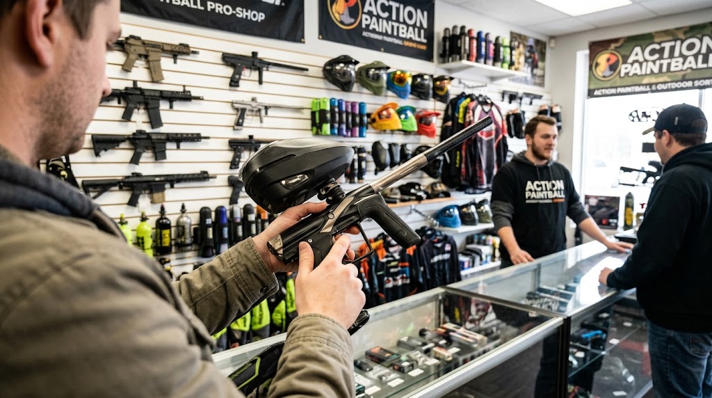 An image from inside an "Action Paintball" store, showcasing the process of purchasing paintball gear. In the foreground, an over-the-shoulder view shows a customer in a brown canvas jacket closely inspecting a sleek black and silver paintball marker equipped with a black hopper. Their hands are positioned on the grip and trigger area, testing its feel. Behind a glass display counter, an Action Paintball employee in a branded black hoodie is engaged in conversation with another customer wearing a cap, who stands on the right. The background is packed with paintball equipment, featuring a slatwall loaded with various paintball markers, alongside shelves and displays showcasing masks, goggles, jersey apparel, air tanks, and accessories. "Action Paintball" branding is visible on multiple banners and apparel throughout the shop.